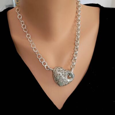 925 Ayar Gümüş 3D Ajur Desenli Kalp Kolye - 6