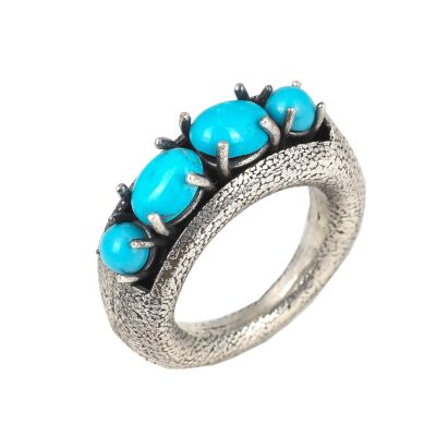 925 Ayar Gümüş 4 Taşlı Turkuaz Erkek Yüzüğü - 1