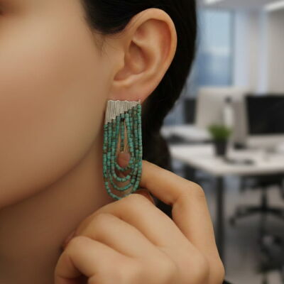 925 Ayar Gümüş 9 Sıra Turkuaz Tasarım Küpe - 1