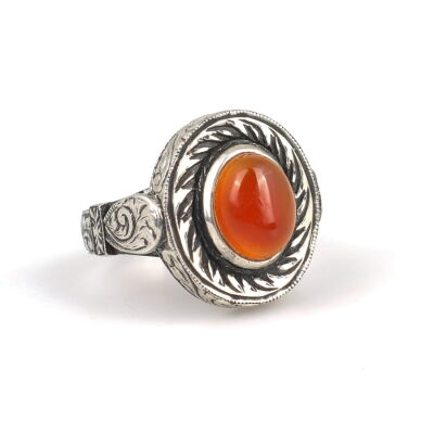 925 Ayar Gümüş Akik Taşlı Rüzgar Gülü Model El Kalemli Erkek Yüzük - 3