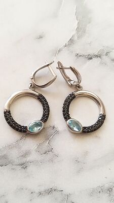 925 Ayar Gümüş Akuamarin & Oniks Taşlı Küpe - 1