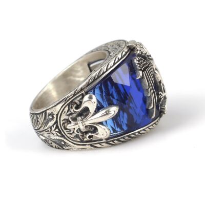 925 Ayar Gümüş Akuamarin Taşlı Osmanlı Kartalı El İşi Erkek Yüzüğü - 4