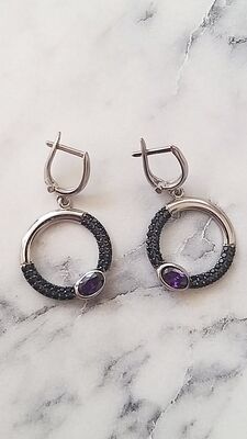 925 Ayar Gümüş Ametist & Oniks Taşlı Küpe - 1