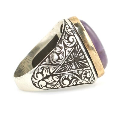 925 Ayar Gümüş Ametist Taşı Erkek Yüzüğü - 3