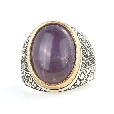 925 Ayar Gümüş Ametist Taşı Erkek Yüzüğü - 4