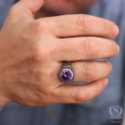 Silver Designer Men's Ring with Amethyst - Nusrettaki