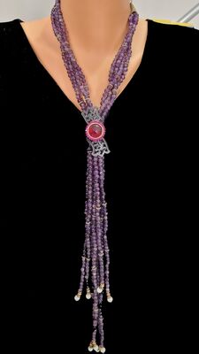 925 Ayar Gümüş Ametist Taşlı Altın Yaldızlı Kolye - 4