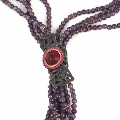 925 Ayar Gümüş Ametist Taşlı Altın Yaldızlı Kolye - 3