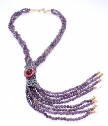 925 Ayar Gümüş Ametist Taşlı Altın Yaldızlı Kolye - 5