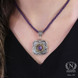 Silver Antique Design Necklace with Amethyst - Nusrettaki