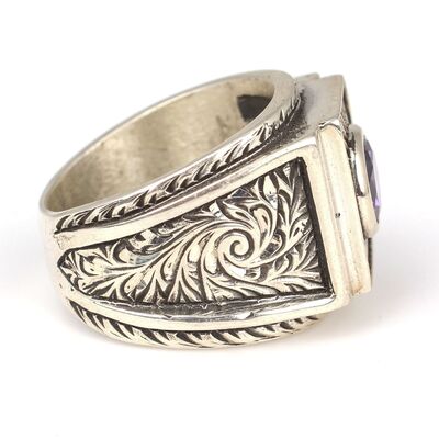 925 Ayar Gümüş Ametist Taşlı Güneş Pırıltısı Erkek Yüzüğü - 3