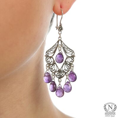 925 Sterling Silver Filigree Chandelier Earring with Amethyst - 1