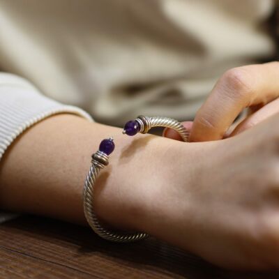 925 Ayar Gümüş Ametist Taşlı Yaylı Burgu Kollu Erkek Bileziği - 1