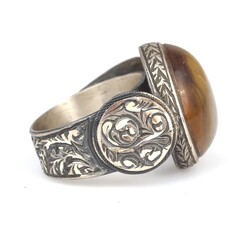 925 Ayar Gümüş Anadolu Kartallı Sıkma Kehribar Taşlı Erkek Yüzüğü - 2