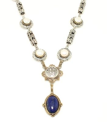 925 Ayar Gümüş Antik Bizans Dönemi Lapis ve İnci Kolye - 2