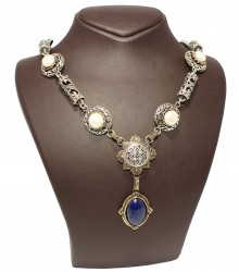 925 Ayar Gümüş Antik Bizans Dönemi Lapis ve İnci Kolye - 3