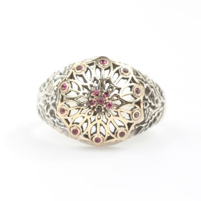 925 Ayar Gümüş Antik Tasarım Kırmızı Taşlı Yüzük - 2