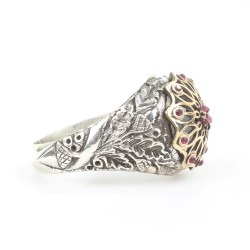 925 Ayar Gümüş Antik Tasarım Kırmızı Taşlı Yüzük - 3