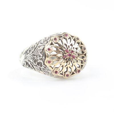 925 Ayar Gümüş Antik Tasarım Kırmızı Taşlı Yüzük - 1