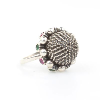 925 Ayar Gümüş Antik Tasarım Siyah Taşlı Kubbe Yüzük - 2