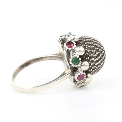 925 Ayar Gümüş Antik Tasarım Siyah Taşlı Kubbe Yüzük - 3