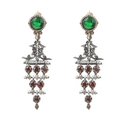 Silver Chandelier Design Earrings with Garnet & Emerald - Nusrettaki