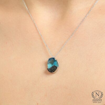 925 Ayar Gümüş Akuamarin Kolye, Siyah Taş - 1