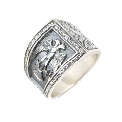 Nusrettaki - 925 Ayar Gümüş Asimetrik Tasarım Çift Başlı Kartal Desenli El Kalemli Erkek Yüzüğü