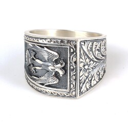 925 Ayar Gümüş Asimetrik Tasarım Çift Başlı Kartal Desenli El Kalemli Erkek Yüzüğü - 4