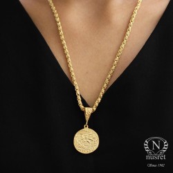 925 Ayar Gümüş Aslan Figürlü Madalyon Kolye, Sarı - 2