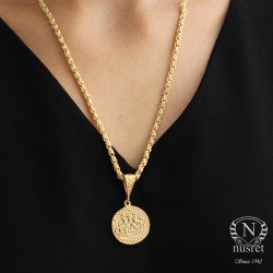 925 Ayar Gümüş Aslan Figürlü Madalyon Kolye, Sarı - 1
