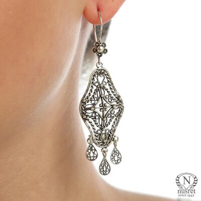 925 Silver Lace Patterned Scaled Dangle Filigree Earrings - 1