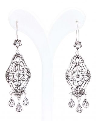 925 Silver Lace Patterned Scaled Dangle Filigree Earrings - 2