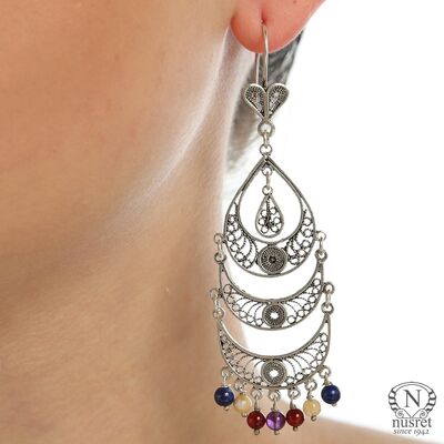 925 Silver Three Crescent Colorful Chandelier Filigree Earrings - 1