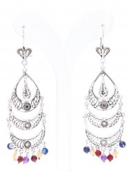 925 Silver Three Crescent Colorful Chandelier Filigree Earrings - 3