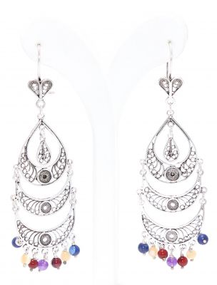 925 Silver Three Crescent Colorful Chandelier Filigree Earrings - 3
