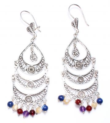 925 Silver Three Crescent Colorful Chandelier Filigree Earrings - 2