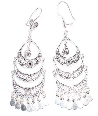 925 Sterling Silver Three Crescent Chandelier Filigree Earrings - 1