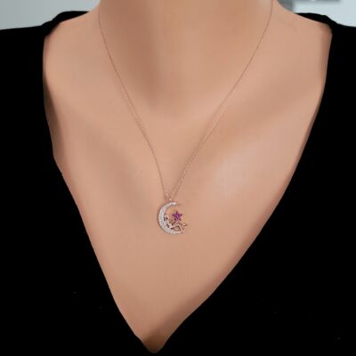 925 Ayar Gümüş Ay içinde Yıldız Tutan Kız Kolyesi - 2