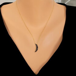 925 Ayar Gümüş Ay Kolye, Sarı - Siyah Taş - Nusrettaki