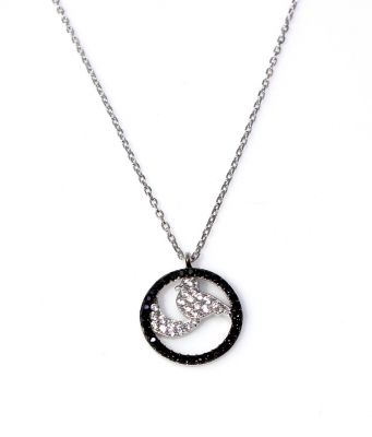 925 Ayar Gümüş Ay ve Kuş Kolye, Beyaz - Beyaz Taş - 3