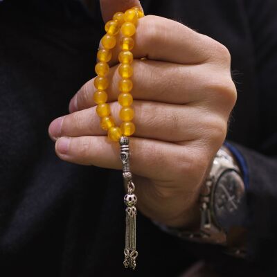 925 Ayar Gümüş Ay Yıldız Motifli Sarı Renk Kehribar Tesbih - 1