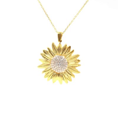 925 Ayar Gümüş Ayçiçek Kolye, Beyaz Taşlı - 1