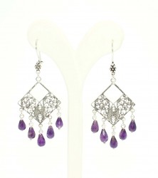 925 Sterling Silver Filigree Design Earring with Amethyst - Nusrettaki