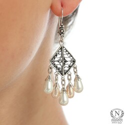 925 Silver Square Dangle Filigree Earring with White/ Pink Pearls - Nusrettaki