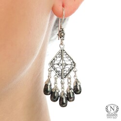 925 Silver Square Dangle Filigree Earring with Black Pearls - Nusrettaki