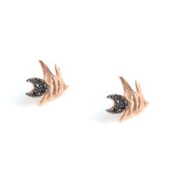 925 Rose Silver Fish Model Stud Earrings, Black Zircon - Nusrettaki