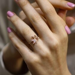 925 Ayar Gümüş Balık Yüzük, Pembe - Beyaz Taş - Nusrettaki