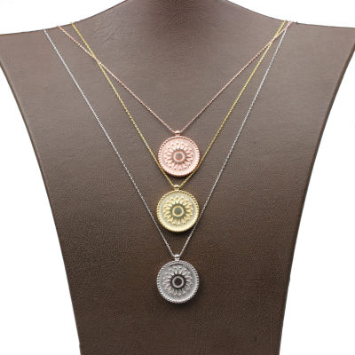 925 Ayar Gümüş Beyaz Altın Kaplama Desenli Madalyon Kolye - 2