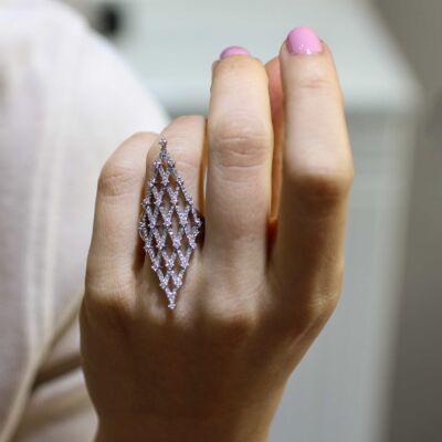 925 Ayar Gümüş Beyaz Baklava Desenli Yüzük - 1